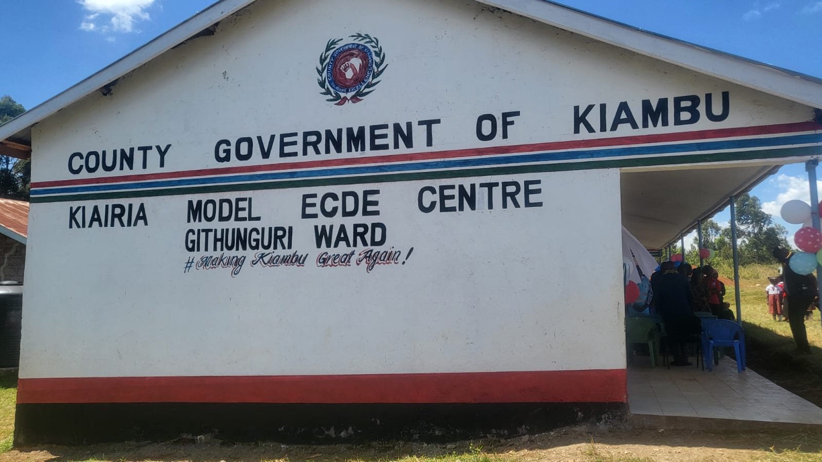 Kiairia Model ECDE Centre signage on completed classroom block